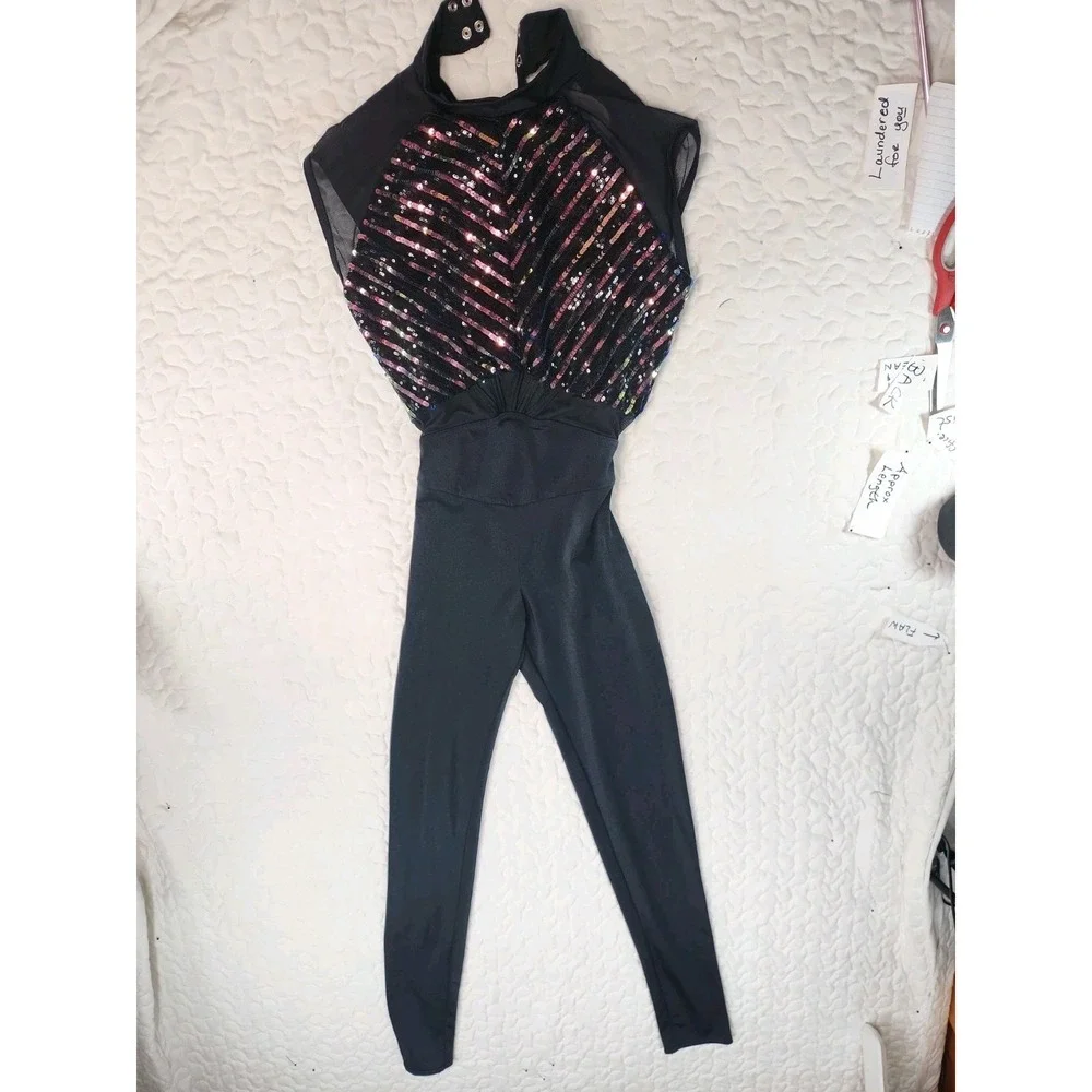 New XLC WEISSMAN Dance Costume Long Unitard Hit Me Hot Note 13784 Black Sequins